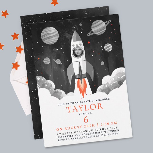Convite Simple Black White Rocket Ship Moon Galaxy Photo (Criador carregado)