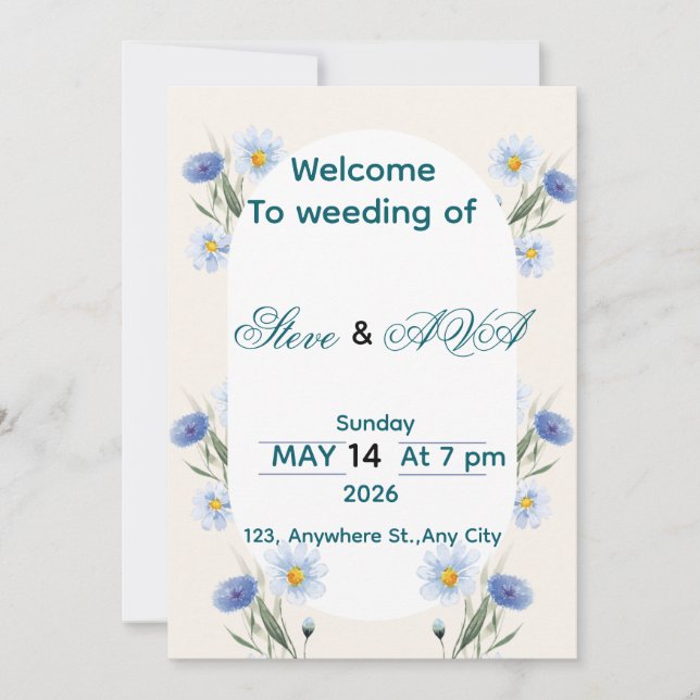 Convite Simple Blue Floral Wedding Invitation (Frente)