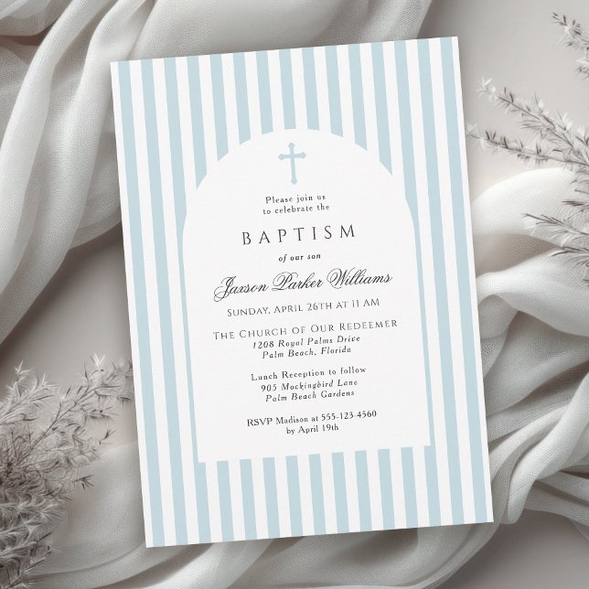 Convite Simple Blue Stripes Baptism Invitation for Boy (Available in both printed and instant download digital formats.)