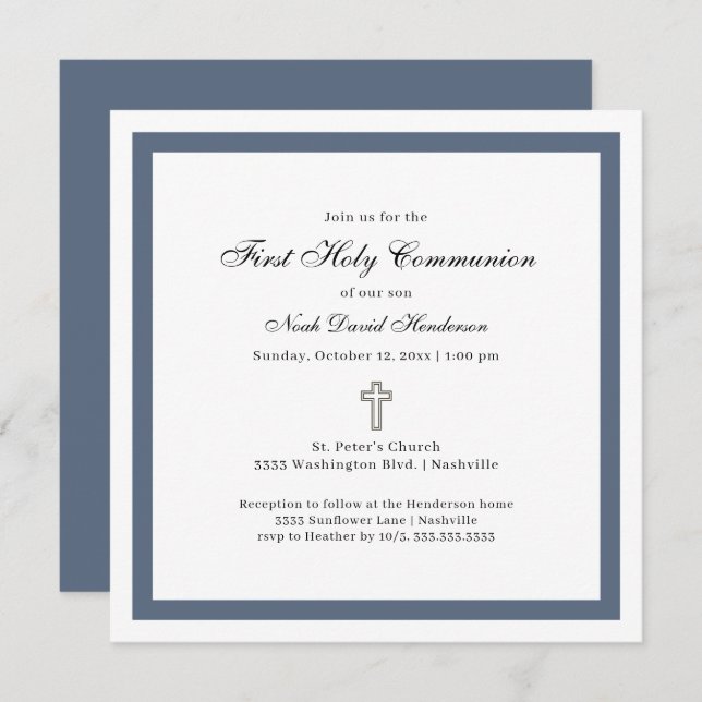 Convite Simple Blue White First Holy Communion  (Frente/Verso)