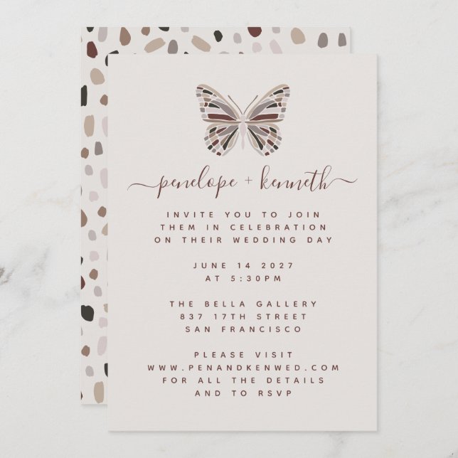 Convite Simple Boho Butterfly Burgundy e Taupe Weding (Frente/Verso)