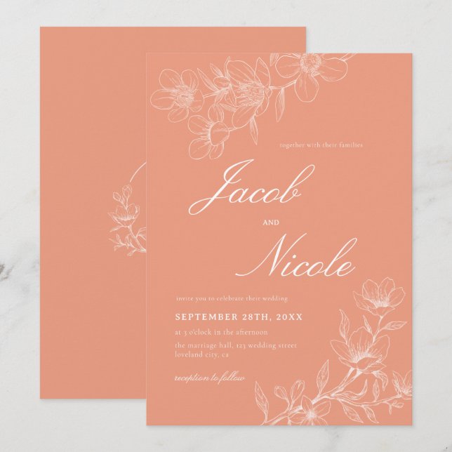 Convite Simple Boho Floral Script Coral Wedding (Frente/Verso)