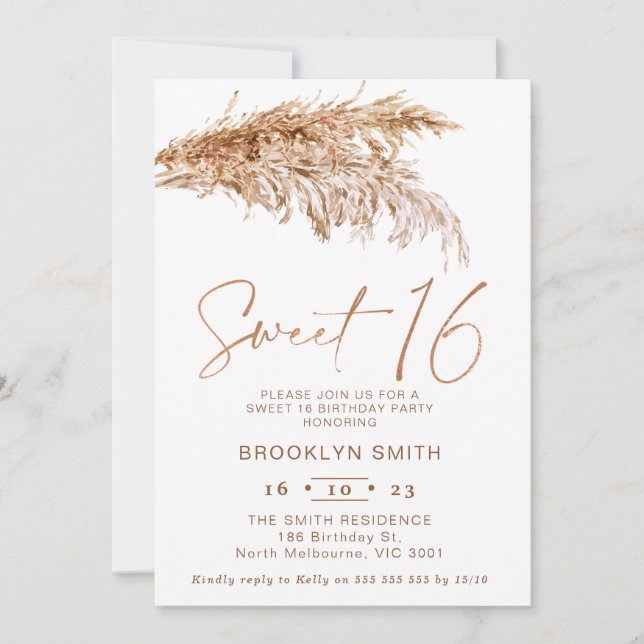 Convite Simple Boho Pampas Grass Sweet 16 Aniversário (Frente)