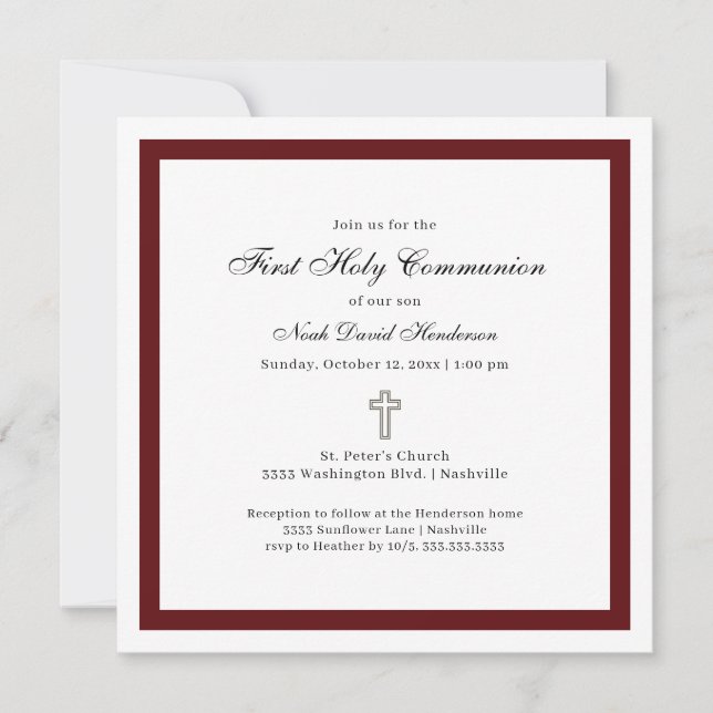 Convite Simple Burgundy and White First Holy Communion  (Frente)