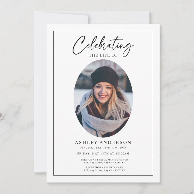 Convite Simple Celebration of Life Black White Funeral (Frente)