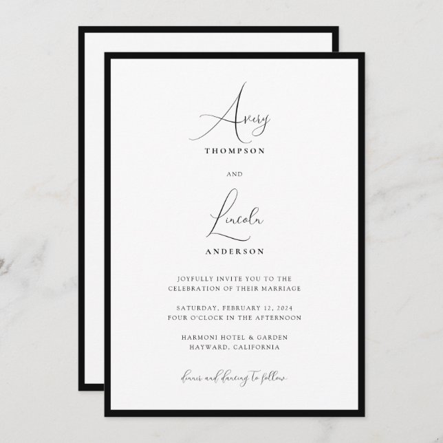 Convite Simple Classy Black & White Border Wedding QR Code (Frente/Verso)