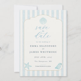 Convite Simple Coastal Seashell Blue Wedding Save the Date