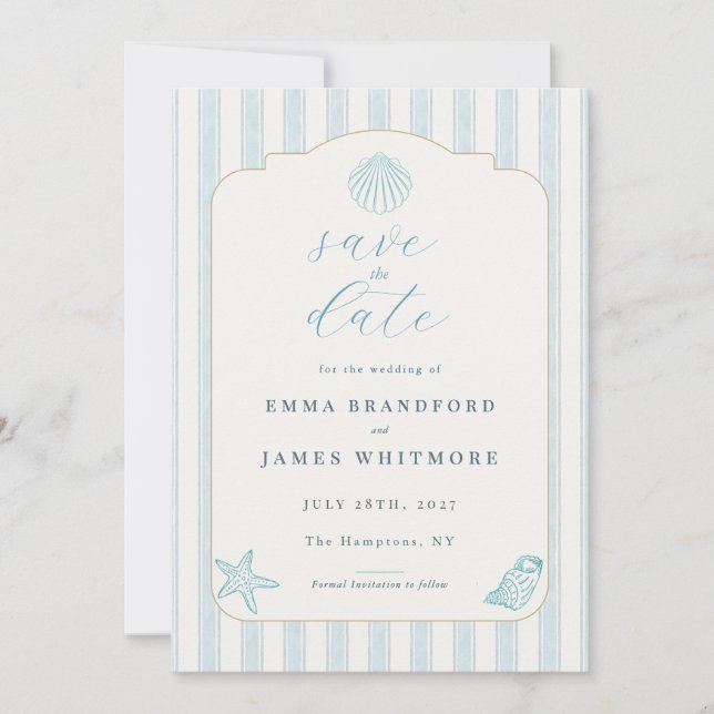Convite Simple Coastal Seashell Blue Wedding Save the Date (Frente)