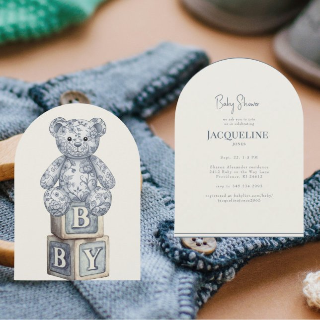 Convite Simple Cream & Blue Teddy Bear Arch Baby Shower (Criador carregado)