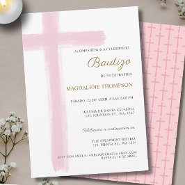 Convite Simple Cross Girl Pink Baptism Bautizo