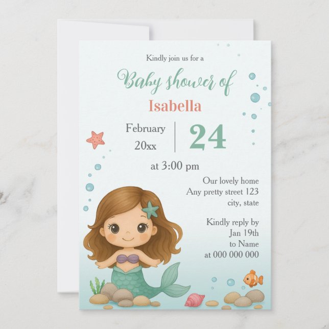 Convite Simple cute little mermaid baby shower invitation (Frente)