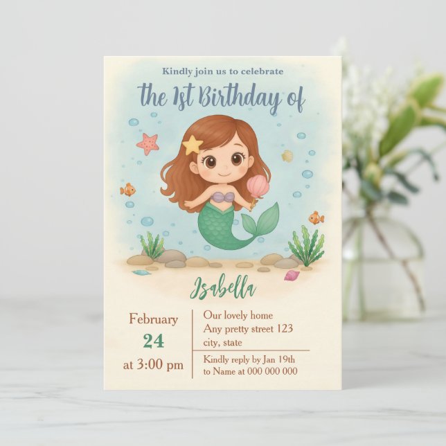 Convite Simple cute little mermaid birthday (Em pé/Frente)