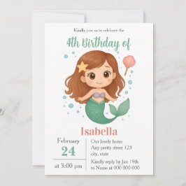 Convite Simple cute little mermaid kids birthday