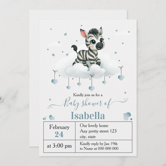 Convite Simple cute little zebra baby shower (Frente/Verso)