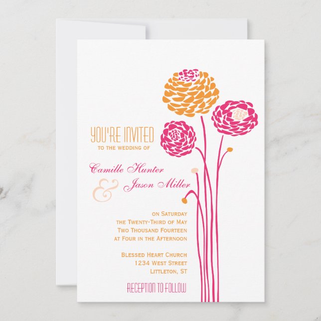 Convite Simple Dahlia - Casamento Rosa & Laranja (Frente)