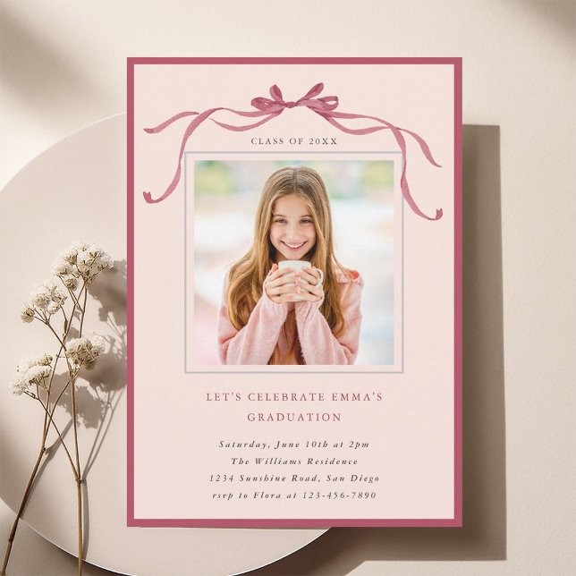 Convite Simple Deep Blush Bow Graduation Party Photo Pink (Criador carregado)