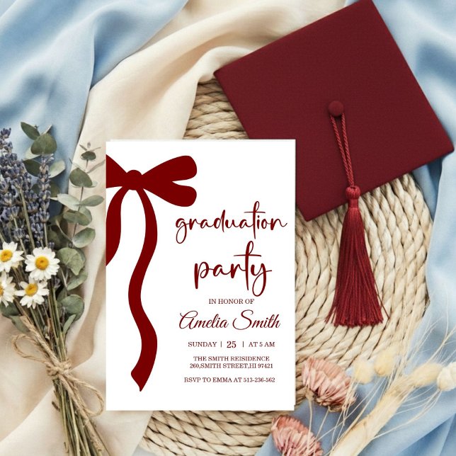 Convite Simple  Deep Red Bow graduation party invitation (Criador carregado)