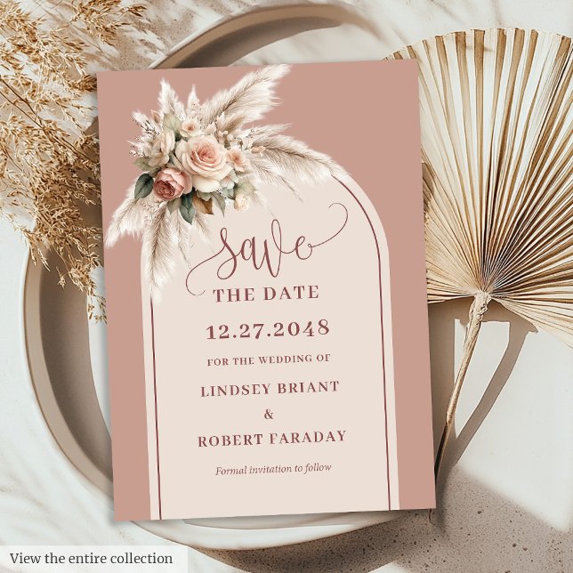 Convite Simple Dusty Pink Pampas Grass Save the Date Card (Simple Dusty Pink Pampas Grass Save the Date Card)