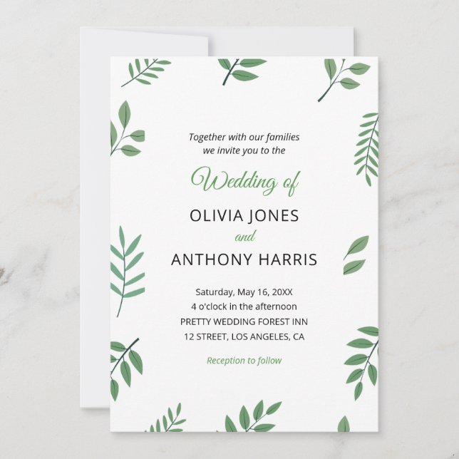 Convite Simple Elegant Botanical Greenery Leaves Wedding  (Frente)
