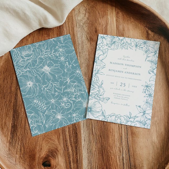 Convite Simple Elegant Dusty Blue Floral Garden Wedding (Criador carregado)