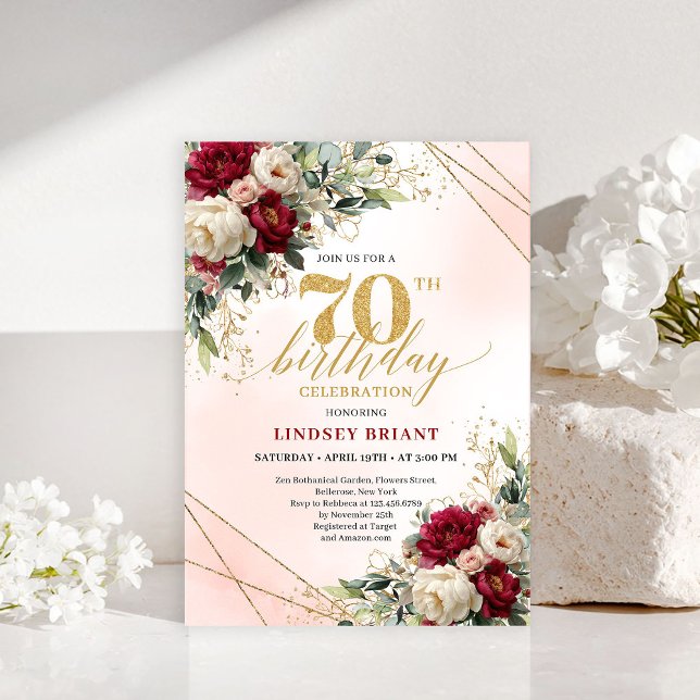 Convite Simple Elegant Gold Floral 70th Birthday Invites (Simple Elegant Gold Floral 70th Birthday Invitation)