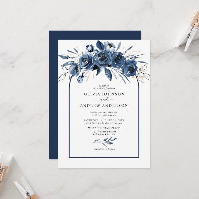 Convite Simple Elegant Navy Blue Boho Floral Arch Wedding (Frente/Verso In Situ)
