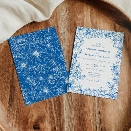 Convite Simple Elegant Royal Blue Floral Garden Wedding