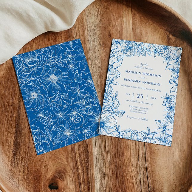 Convite Simple Elegant Royal Blue Floral Garden Wedding (Criador carregado)