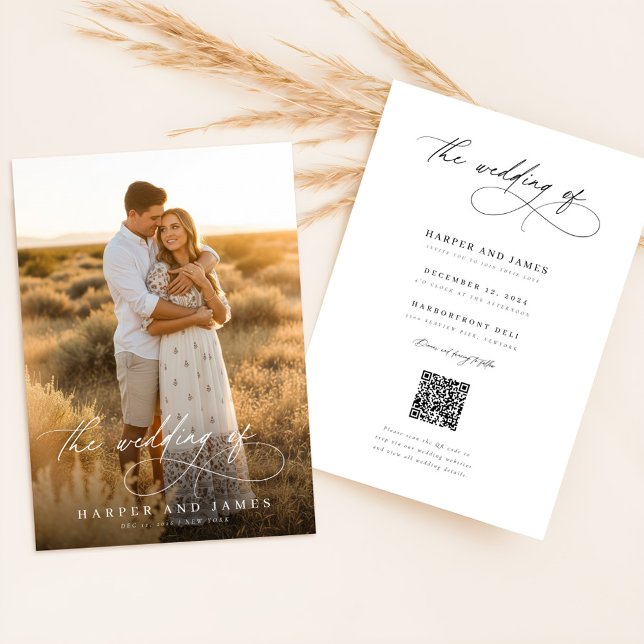 Convite Simple Elegant Script QR Code Photo Budget Wedding (Criador carregado)