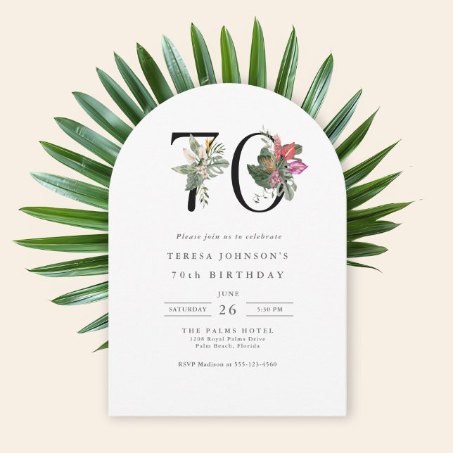 Convite Simple Elegant Tropical 70th Birthday (Available in both printed and instant download digital formats.)