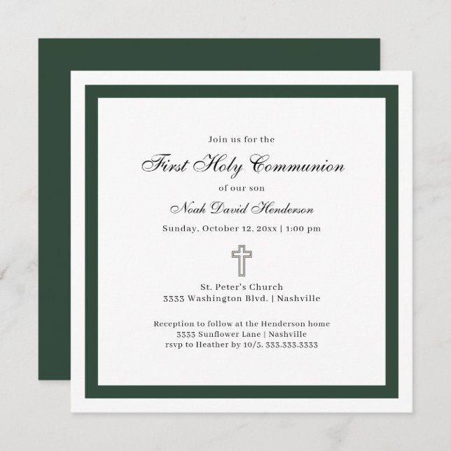 Convite Simple Emerald Green White First Holy Communion  (Frente/Verso)