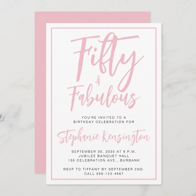 Convite Simple Fifty and Fabulous Pink 50th Birthday Party (Frente/Verso)