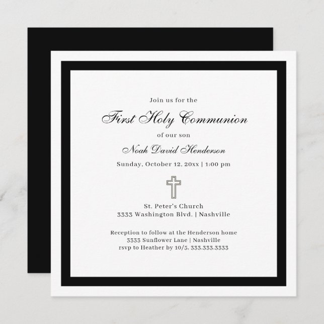 Convite Simple First Holy Communion Black White Invitation (Frente/Verso)