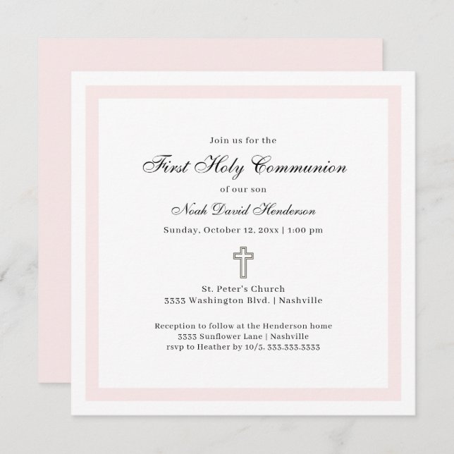 Convite Simple First Holy Communion Pink White (Frente/Verso)