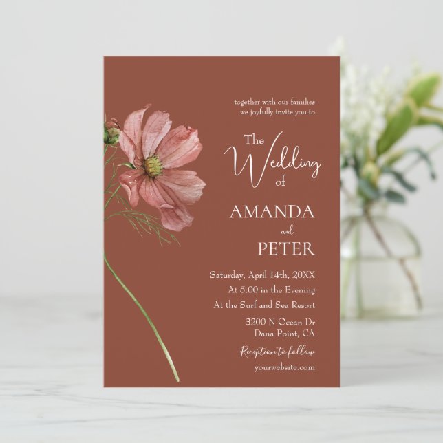 Convite Simple Floral Terracotta Wedding  (Em pé/Frente)