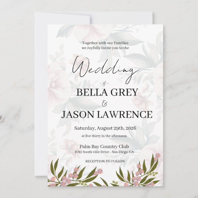 Convite Simple flower Black & White Wedding Invitation (Frente)