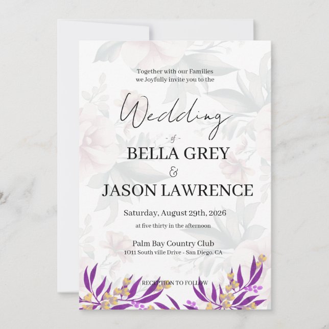 Convite Simple flower Black & White Wedding Invitation (Frente)