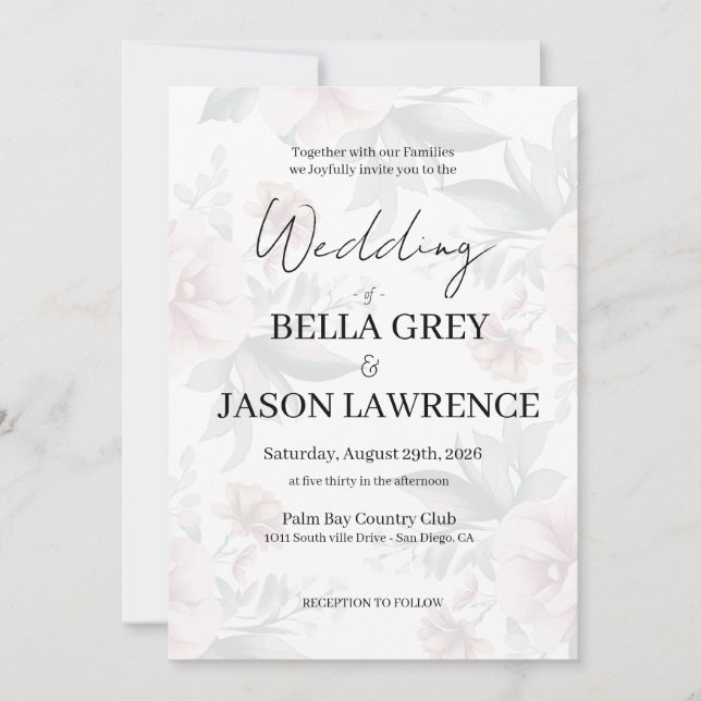 Convite Simple flower Black & White Wedding Invitation (Frente)