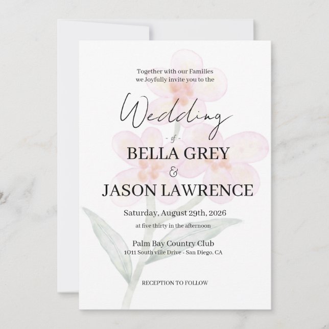 Convite Simple flower Black & White Wedding Invitation (Frente)