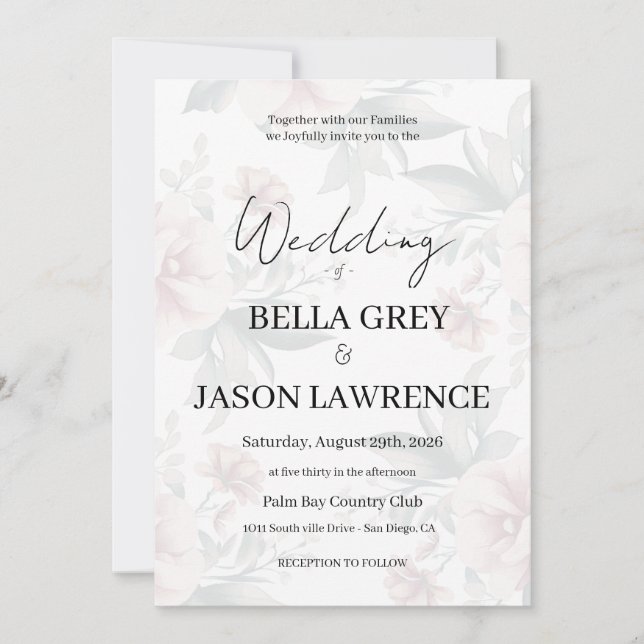 Convite Simple flower Black & White Wedding Invitation (Frente)