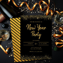 Convite Simple Gold and Black Sparkle New Year Party