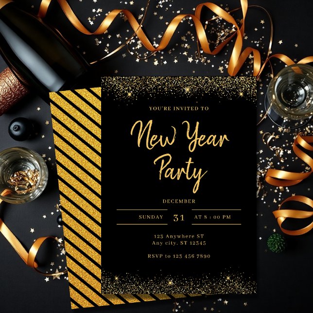 Convite Simple Gold and Black Sparkle New Year Party (Criador carregado)