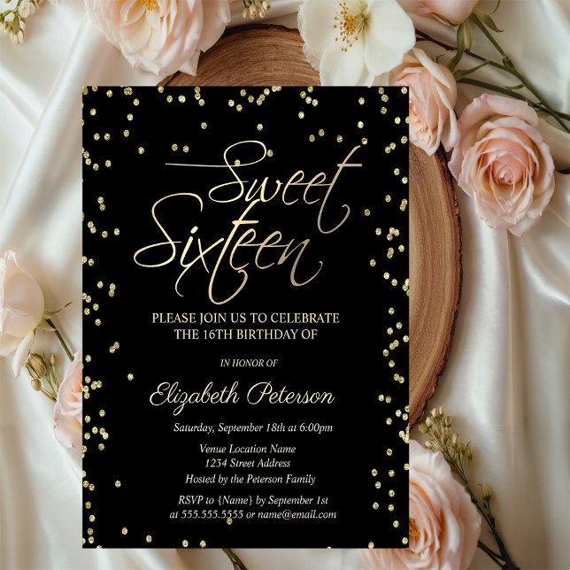 Convite Simple Gold Diamonds Black Sweet 16  (Criador carregado)