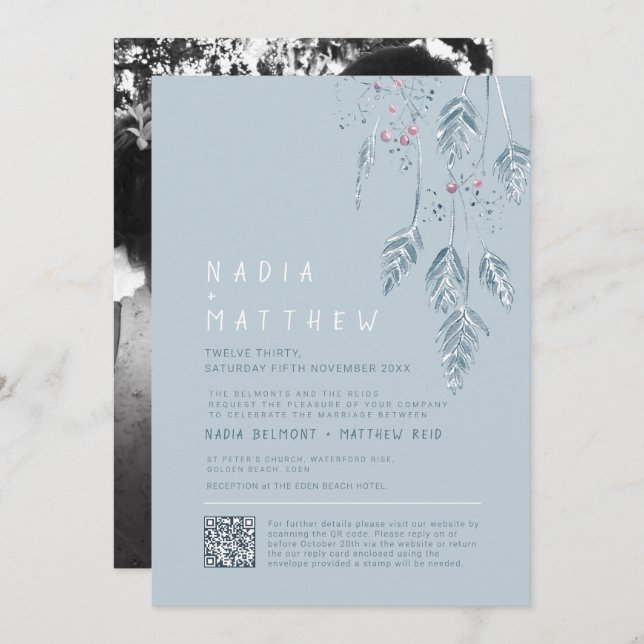 Convite Simple grass and berries dusty blue sketch photo (Frente/Verso)