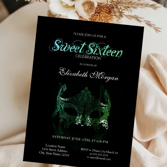 Convite Simple Green Masque Black Sweet 16 (Criador carregado)