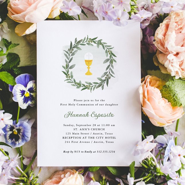 Convite Simple Greenery e Chalice | Primeira Comunhão Sant (Criador carregado)