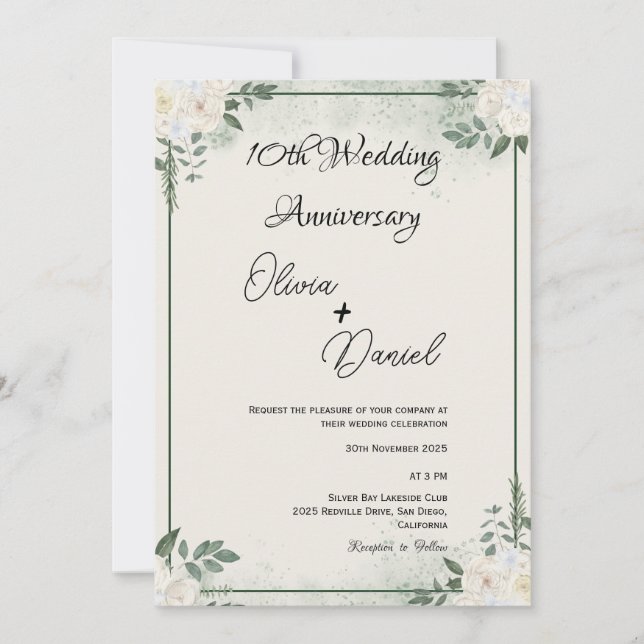 Convite Simple Greenery Wedding Anniversary Invitations (Frente)