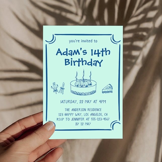 Convite Simple Hand-Drawn Cake 14th Birthday Party         (Criador carregado)