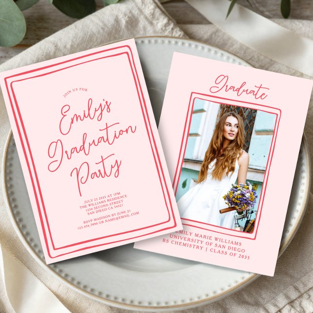 Convite Simple Hand Drawn Graduation Party Photo Pink (Criador carregado)