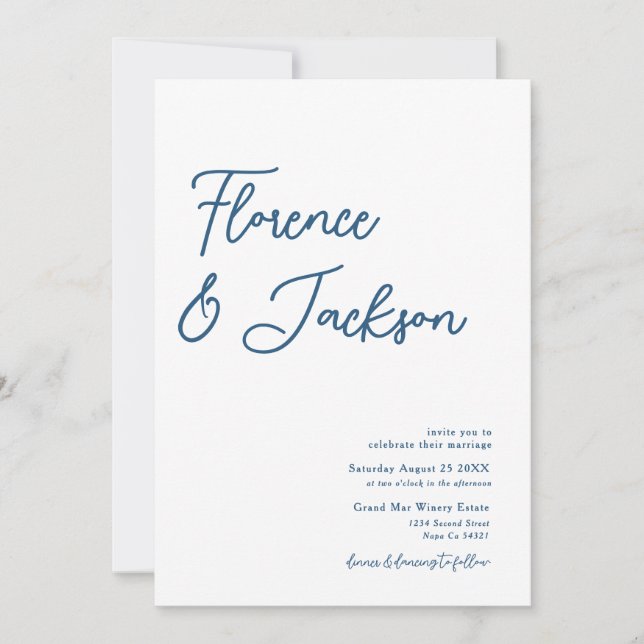 Convite Simple Minimal Handwritten Wedding Photo Blue  (Frente)